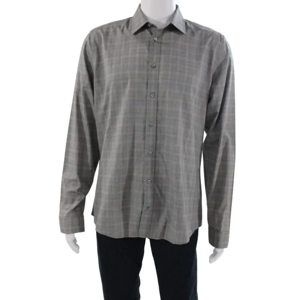 Gucci Mens Cotton Plaid Print Long Sleeve Button-Down Shirt Gray Size 43